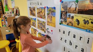 Wzbogacenie wiadomości na temat życia zwierząt egzotycznych. Utrwalenie nazw zwierząt, dzielenie na sylaby, wyznaczanie głoski w nagłosie, układanie zdań. Zabawa ruchowa "Zwierzęta dżungli i sawanny" 