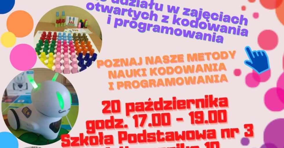 Plakat informujący o Europejskim Tygodniu Kodowania w Szkole Podstawowej nr 3 w Tarnowie