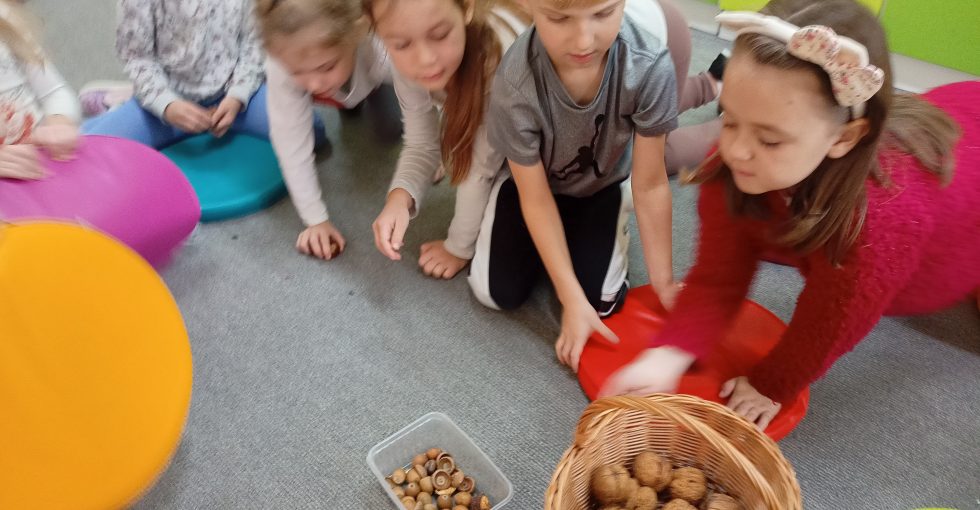 Dzieci siedzą na dywanie i obserwują zgromadzone zapasy wiewiórki na zimę.